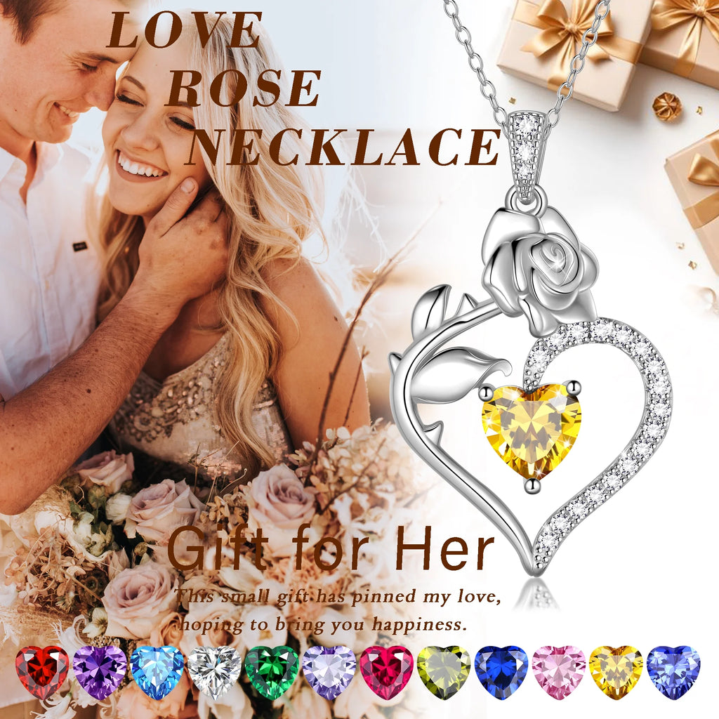 925 Sterling Silver Birthstone Necklace Rose Flower Heart Pendant Jewelry Christmas Valentines Mother'S Day Gifts for Women Mom Wife/Lover