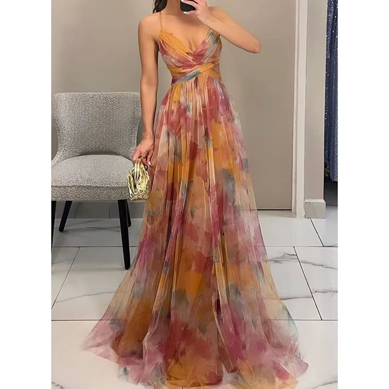 Elegant Pleated Mesh Evening Dress